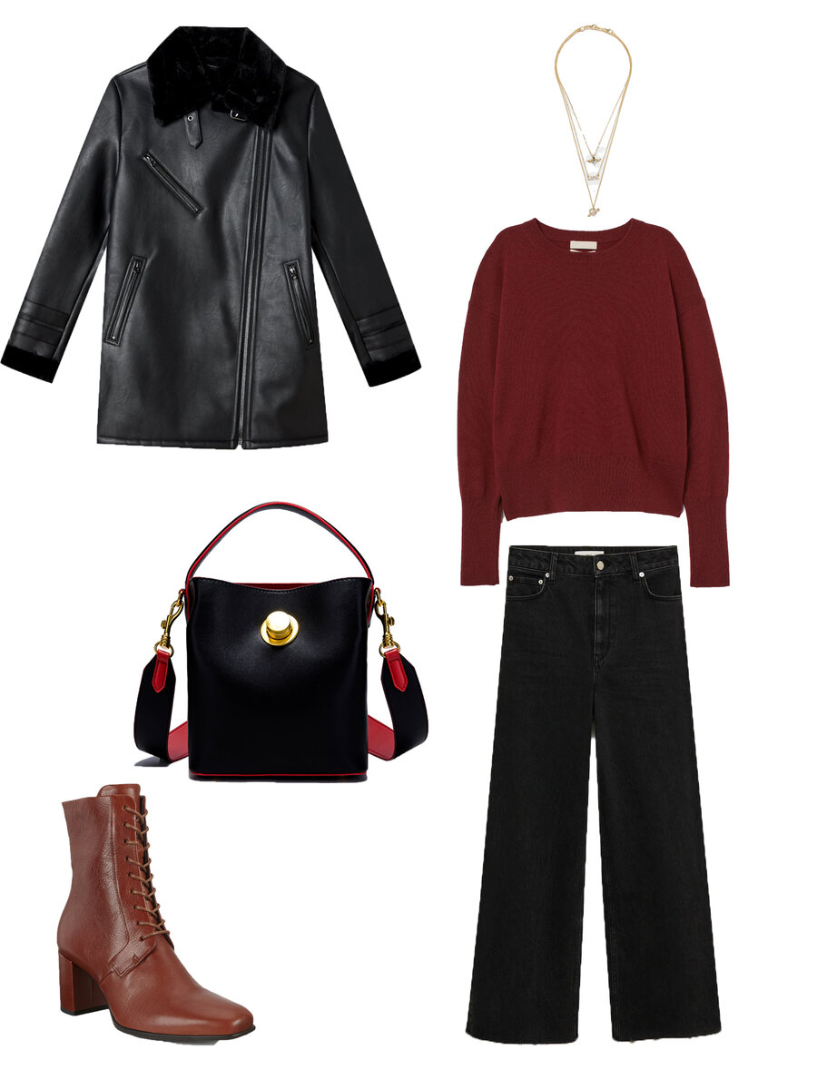 Куртка Stradivarius, артикул: REF. 5867/940-I2020. Джемпер H&M, артикул №0892892003. Джинсы MANGO, артикул: APT. 77035947-CASILDA-LM. Ботильоны ECCO, артикул: 282623/01053. Сумка MILLZ KARTA, артикул: MILLZ8027.