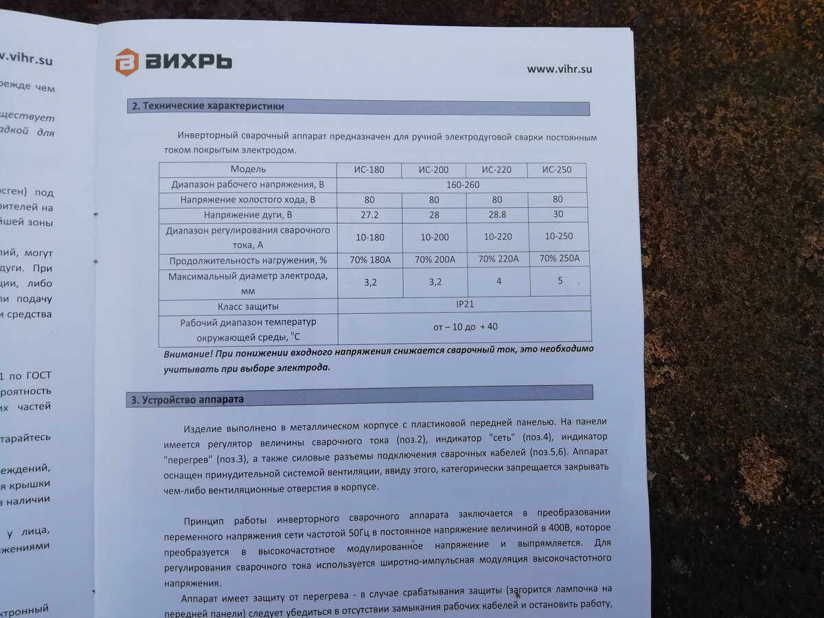 Технические характеристики в паспорте