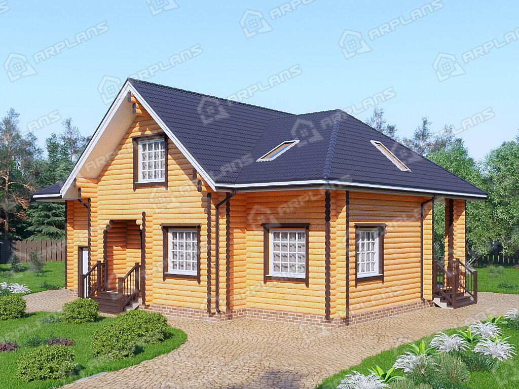 Фото 2 деревянного дома из бревна с мансардой, 3 спальнями, 2 детскими, кабинетом, террасой и гаражом. 210 кв м. Источник arplans.ru Проект ДО-071