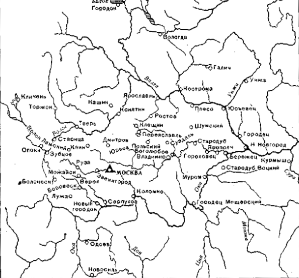 Карта схема из работы М.Н. Тихомирова «Список русских городов дальних и ближних» 