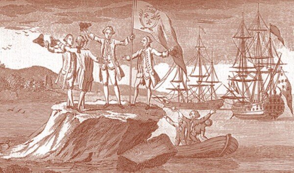 Бугенвиль водружает флаг на скале у мыса Магеллана