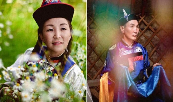 Бурятские невеста и жених в традиционных одеждах.