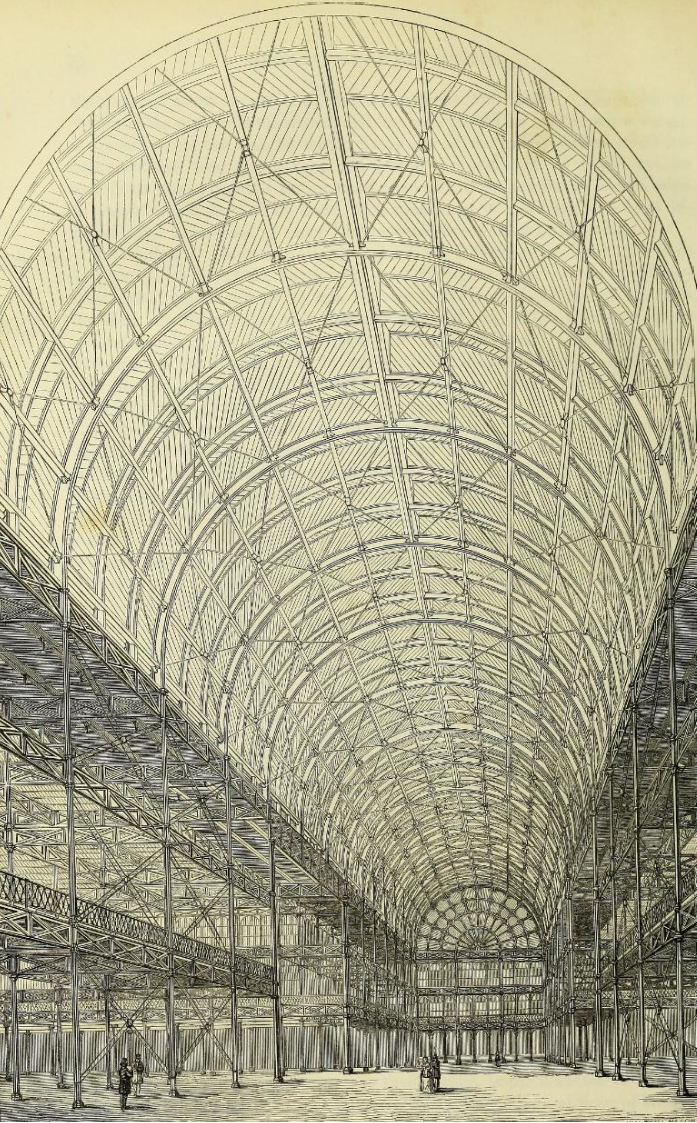Внутренний вид центральной части "Хрустального дворца" с гравюры из «Официального описательного и иллюстрированного каталога большой выставки промышленности всех народов». Лондон 1851 год.
