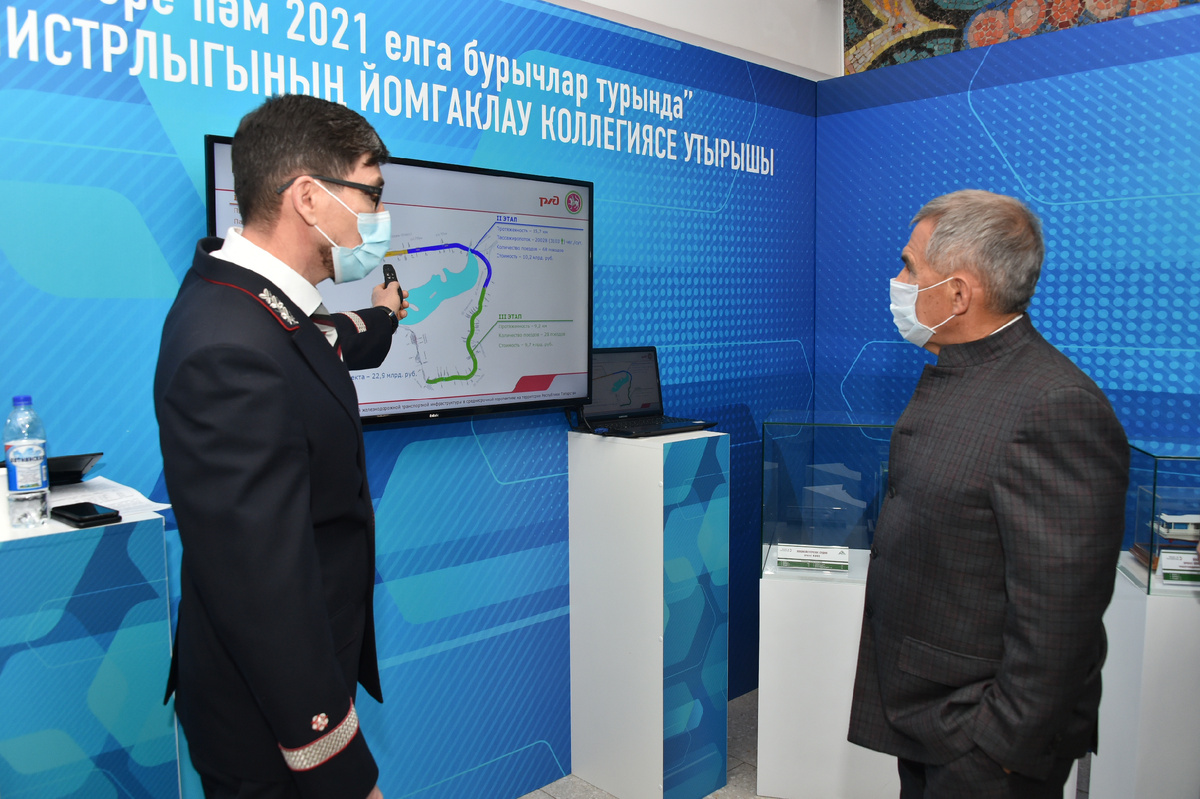 © Официальный портал Республики Татарстан / CC BY 4.0 (Обсуждение проекта кольцевой железной дороги в январе 2021 г. Справа – Глава Татарстана Рустам Минниханов)