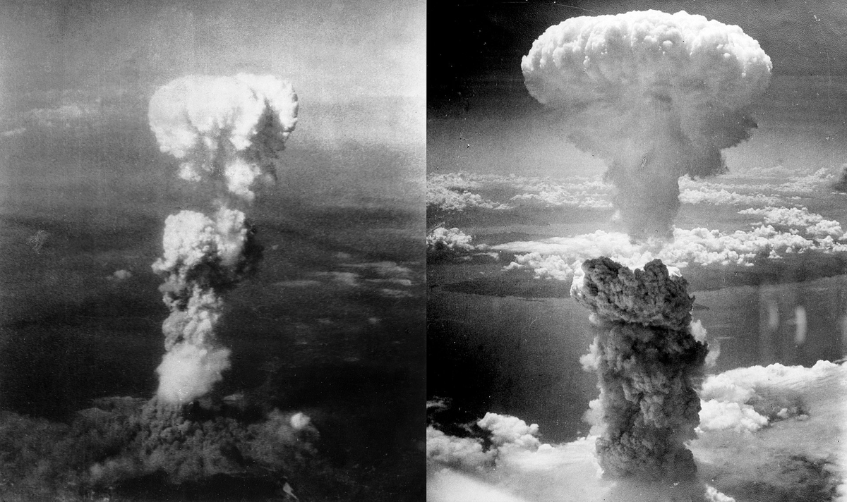 Ядрените гъби от атомните бомбардировки над Хирошима (ляво) и Нагасаки (дясно)