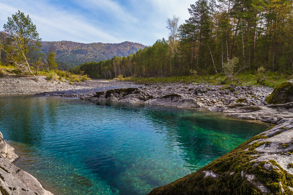 Голубые озера представляют собой водобитные озера, образовавшиеся почти 25 тысячелетий назад. расположены на левобережье Катуни, на расстоянии 4-5 километров от села Аскат.