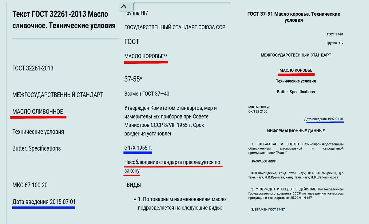 Здесь три ГОСТа: слева - действующий, в центре - советский, справа - постсоветский (92-го года). На советском и постсоветском указано, что масло КОРОВЬЕ, на действующем - сливочное. Из чьих сливок оно сделано? Из сливок ангельдинского петеяра?