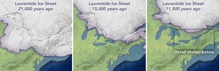 Ледяной покров Лаврентиды 21 тыс., 15 тыс. и 11,5 тыс. лет назад 