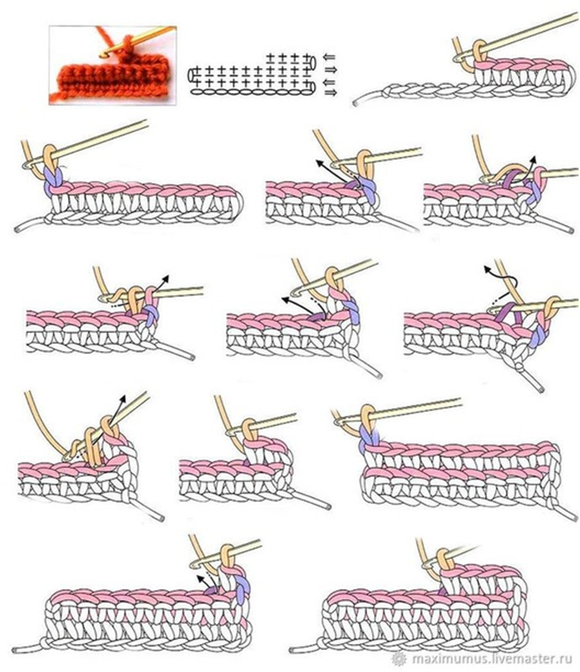 Крючком схема пошагово. Резинка крючком соединительными столбиками. Как вязать резинку крючком для начинающих. Вязание крючком резинка схема. Связать резинку крючком схема.