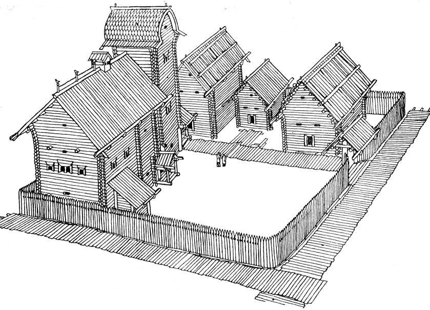 Опыт объемной реконструкции усадьбы Олисея Гречина. Автор – архитектор Г.В. Борисевич. Рисунок из книги Б.А. Колчина, А.С. Хорошева, В.Л. Янина «Усадьба новгородского художника 12 века»