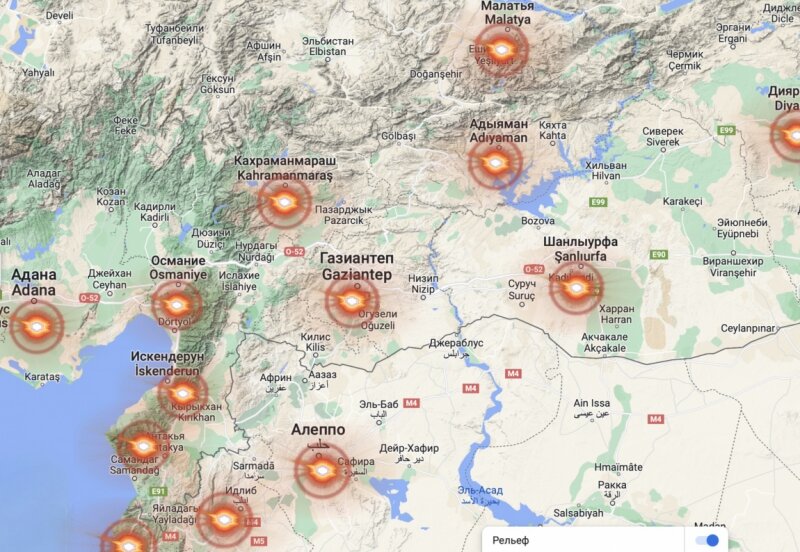 Эпицентр землетрясения в Турции и Сирии на карте
