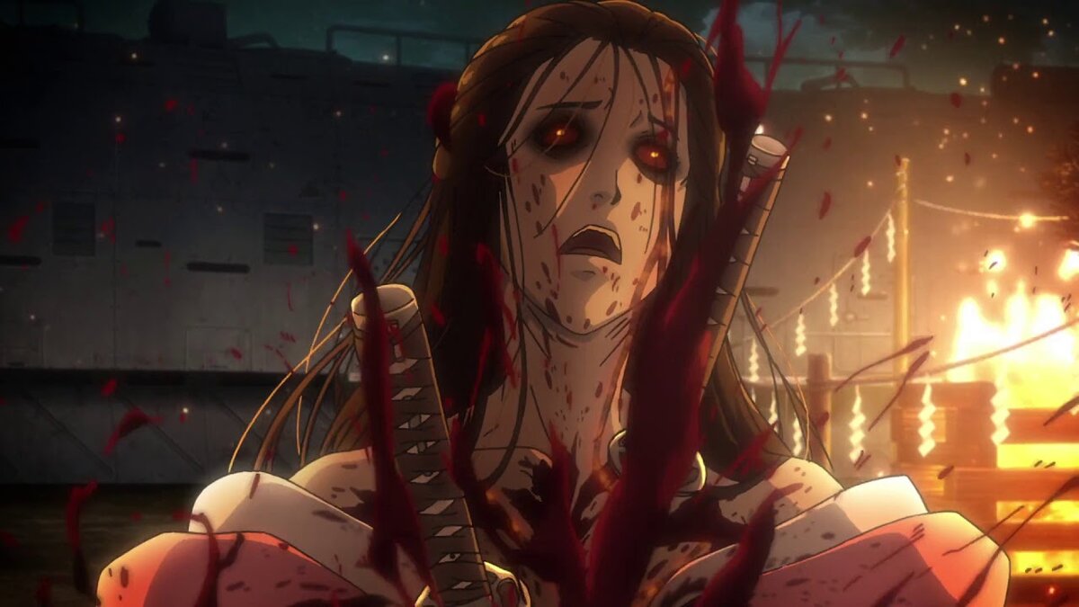 Героиня Безымянка убивает беременную женщину, которая стала превращаться в "кабанэ". Действие происходит на глаза всех пассажиров поезда и встречает жесткую критику. Да, женщину по-человечески жалко, но... а что делать?  Кадр из серила "Кабанери Железной крепости".