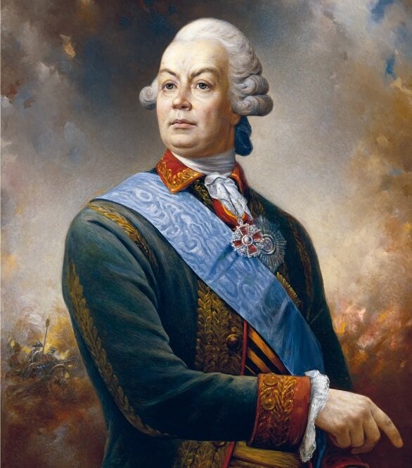 Первый кавалер ордена (1770 год, после самой Екатерины II) генерал-фельдмаршал Петр Румянцев. Под голубой орденской лентой видна лента к Святому Георгию - такое допускалось. Художник: Василий Нестеренко