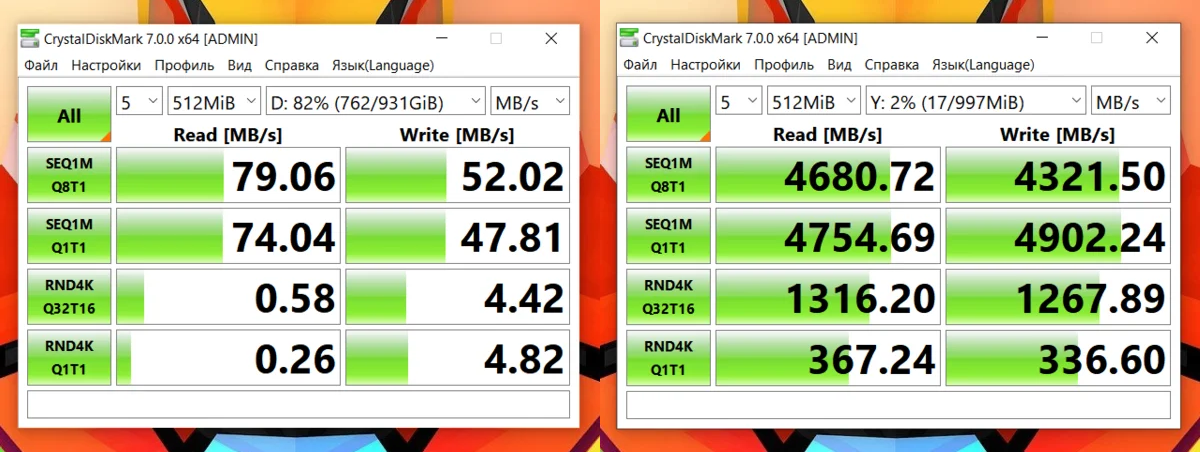 Скорость настолько высокая, что не всегда даже видно прогресс бар при копировании...