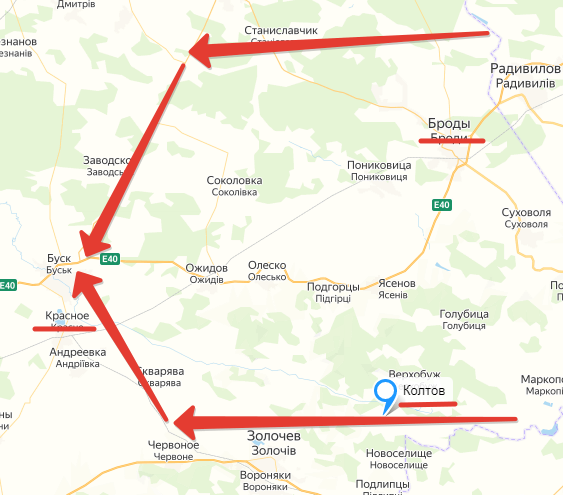 Смыкание Бродовского "котла". Создано на основе Яндекс-Карт