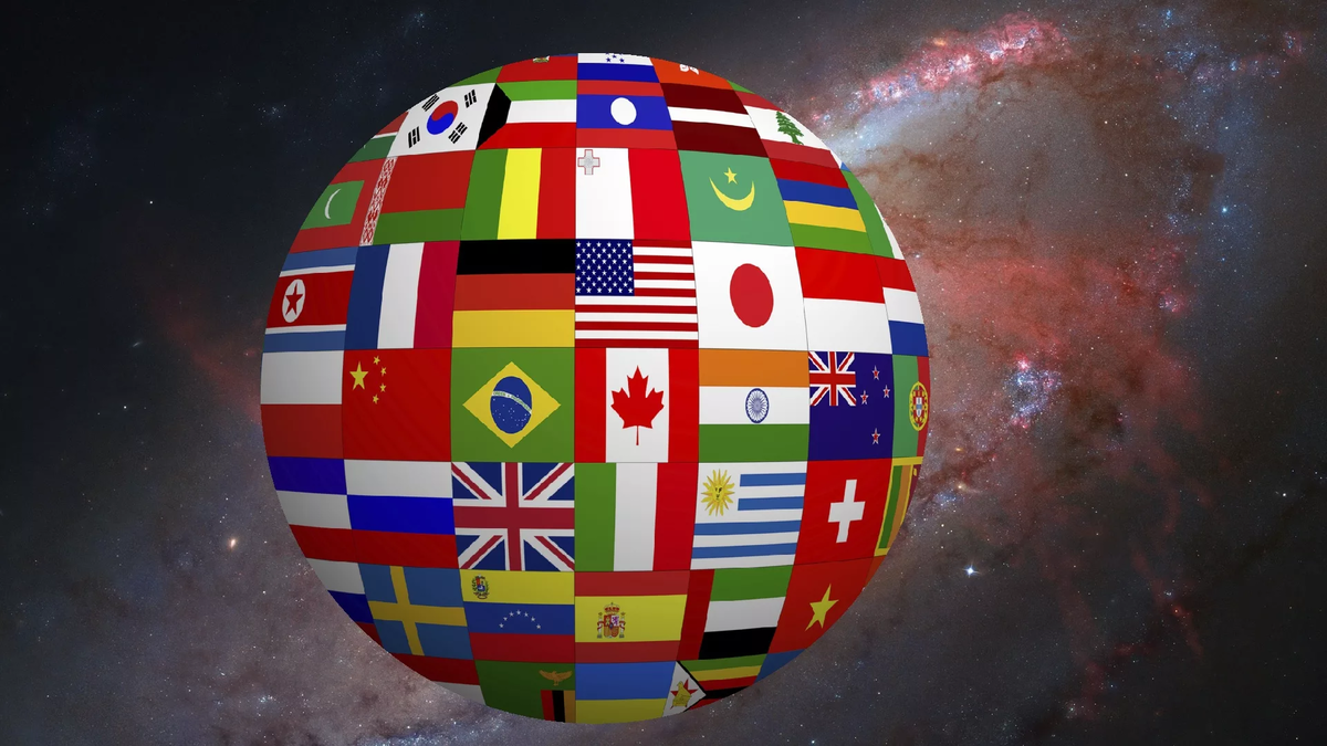 В мире существует много языков. Планета с флагами стран. Государство шар. Флаг планеты.