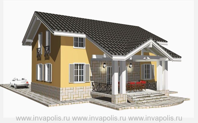 Сзади - уютная терраса под низко опускающейся кровлей