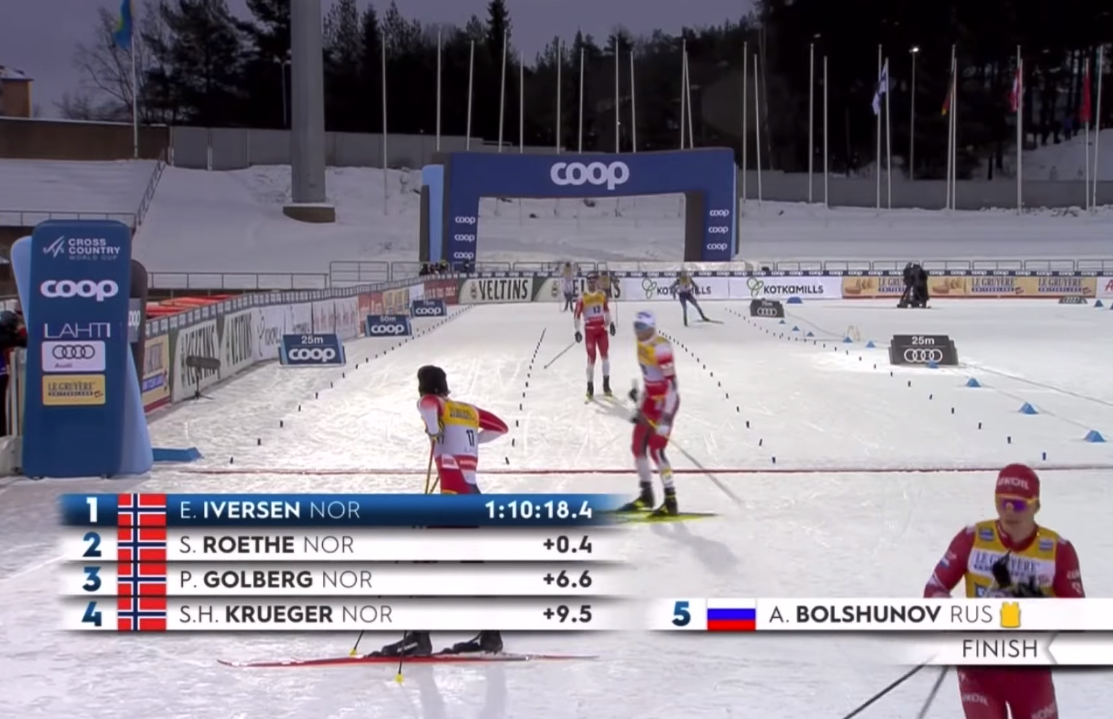 Большунов справа внизу, а Холунн пересекает финишную черту  