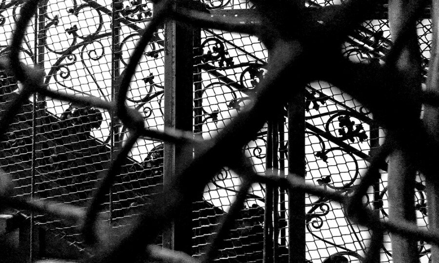 

Ч/б,  чёрное-белое, тем более что тут такая графика. Лестница, двор и фасад у  этого дома настолько разные, что кажется принадлежащим разным домам,  если не разным городам. Двор – ноябрь как он есть. Фасад покажу  последним кадром – это знаменитый фасад, его все знают, все мимо не раз  проходили, рассматривали, фотографировали, а ещё и подходили потрогать и  постучать: «Это из чего?..» А лестница – просто сплошные кружева. Глаз  не оторвать.