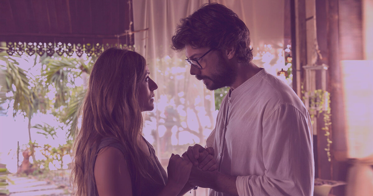 Альваро Морте в роли Профессора и Ициар Итуньо в роли Ракель Мурильо (постер автора) 