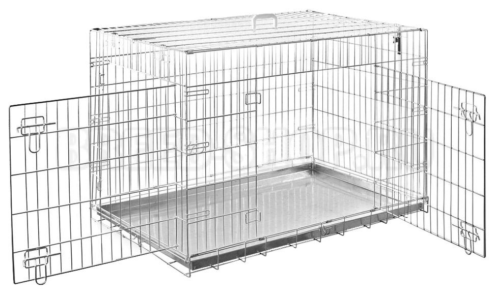 Обычная клетка-вольер для животного, с металл. поддоном и двумя дверцами.