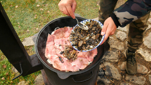 МЯСО ПО ФРАНЦУЗСКИ В КАЗАНЕ НА КОСТРЕ