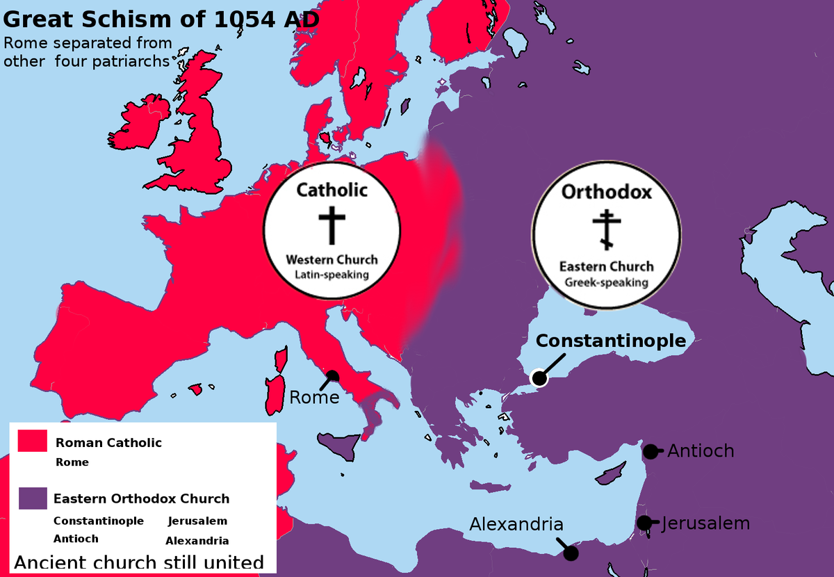 Great Schism 1054. Раскол церкви на католическую и православную. Раскол христианства 1054. Церковный раскол 1054 карта.