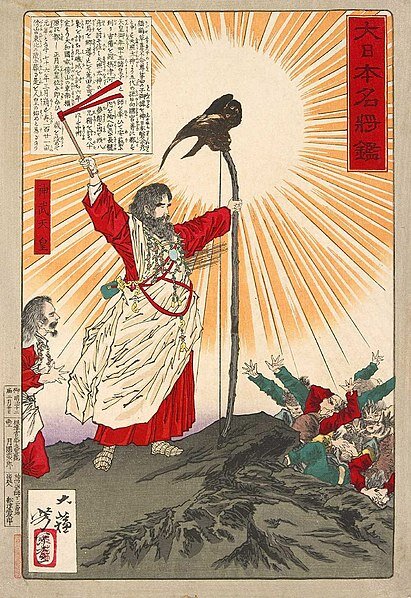 Цукиока Ёситоси. «Император Дзимму» (Из серии «Зерцало прославленных полководцев Японии»). XIII год Мэйдзи (1880). Цветная гравюра на дереве. Токийская столичная библиотека