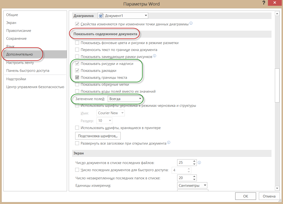 Включаем Параметры Word - границы текста и полей