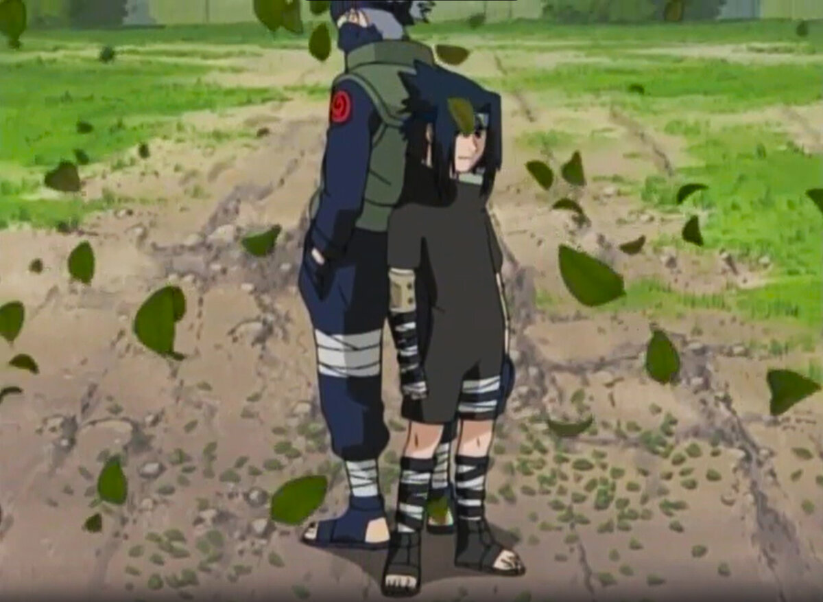 Саске и Какаши появляются на арене  (перемещение через торнадо из листьев)