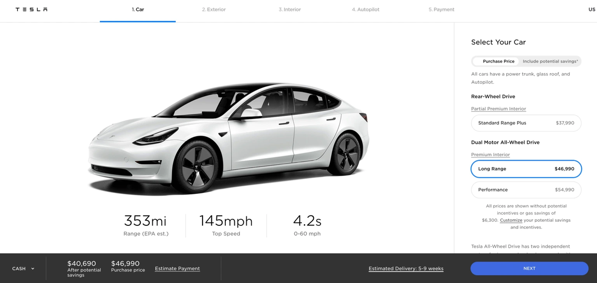 Запас хода Tesla Model 3 Long Range Dual Motors увеличен  до 568 км.