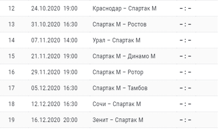 календарь Спартака до зимнего перерыва