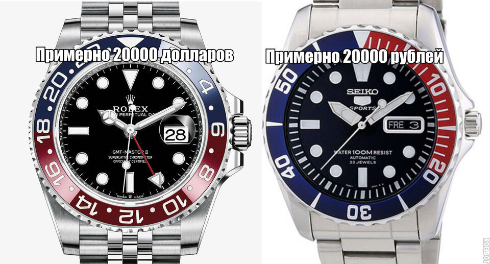 Одна только реплика Rolex стоит около 100 тысяч рублей. Но самое главное правило ношения часов: не покупай реплику часов, на которые ты не заработал.