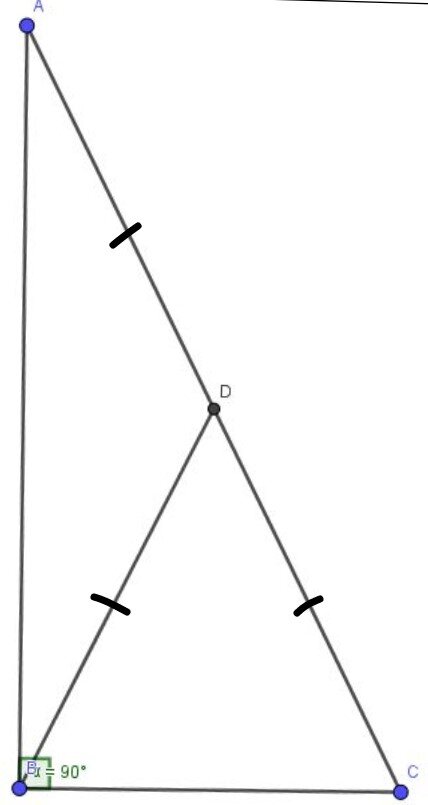 Медиана, проведенная к гипотенузе, равна половине гипотенузы (AD=DC=DB). 