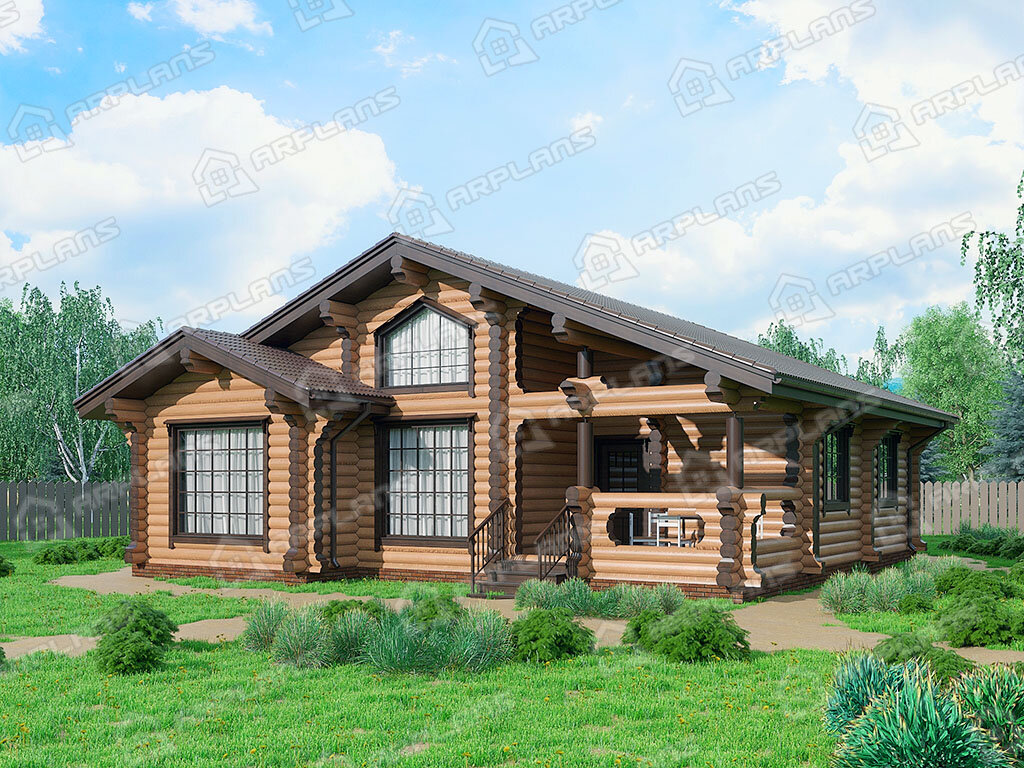 Фото 1 одноэтажного деревянного дома из бревна с 3 спальнями, и террасой. Жилая площадь 100 кв м. Источник arplans.ru Проект ДО-122