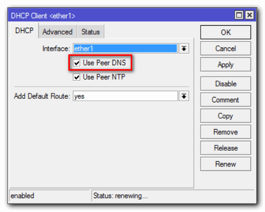Автоматическое получение настроек DNS по DHCP-клиенту.