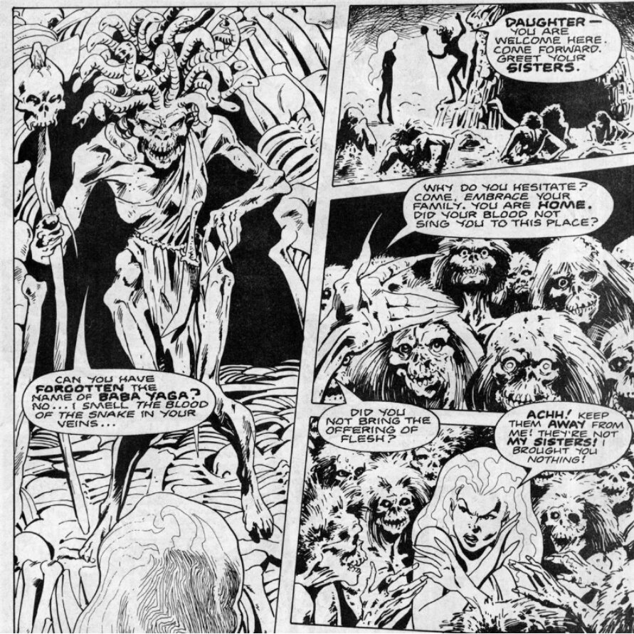 Баба Яга с дочерьми (Яга слева, дочери справа) из комикса «Капитан Британия» (Marvel). Как по мне, это скорее просроченная Медуза Горгона