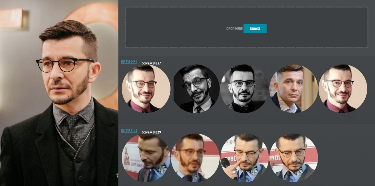 Фото доктора Андрея Курпатова и результаты поиска в SearchFace. Источник: VC.ru 