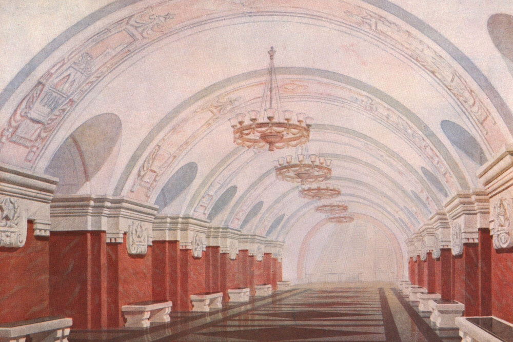 Практически итоговый вариант проекта станции "Краснопресненская". Отличаются только барельефы и узор на полу. Картинка отсюда: http://n-metro.ru