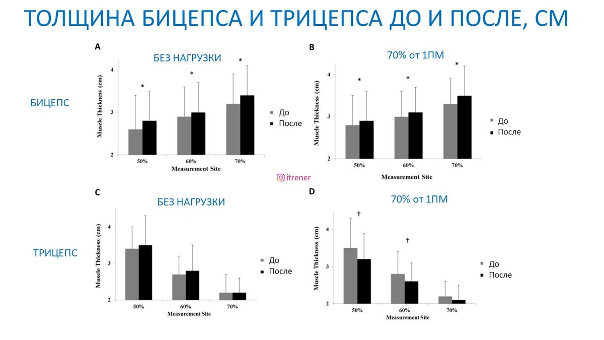 Рисунок 1. Изменение толщины бицепса и трицепса по трем точкам. Данные УЗИ исследования.