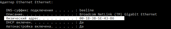 так выглядит MAC адрес (физический адрес устройства)