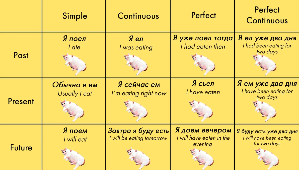 Времена в английском языке. Таблица времен английского языка с котами. Английские времена таблица с котом. Времена английского с котиками. Смешная таблица времен английского языка