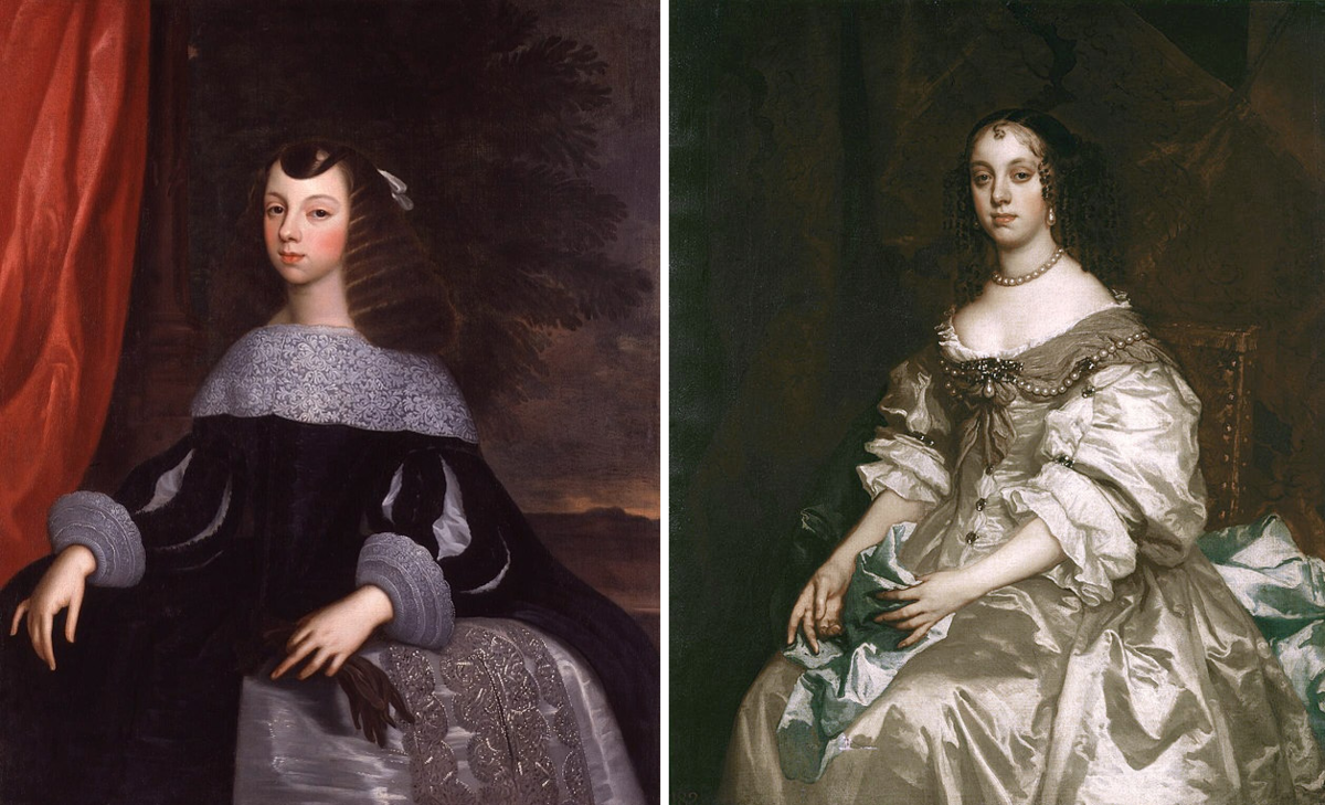 Слева - Катерина Браганса в парадном испанском наряде, Дирк Стооп, 1660-61, справа - она же в английском неглиже, Питер Лели, 1663-65. (сс) Wikimedia Commons