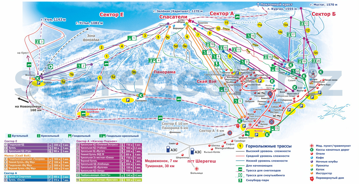 Карта трасс и подъемников курорта. Источник - сайт sheregesh.biz