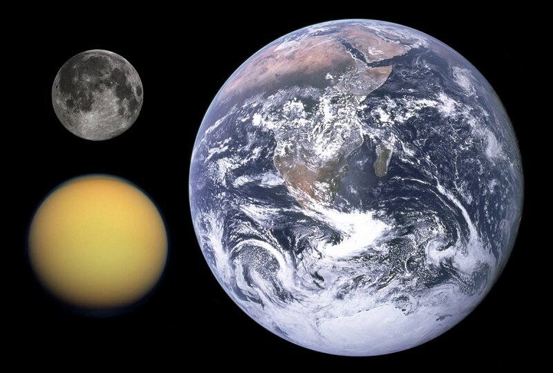 Титан по сравнению с Землёй и Луной