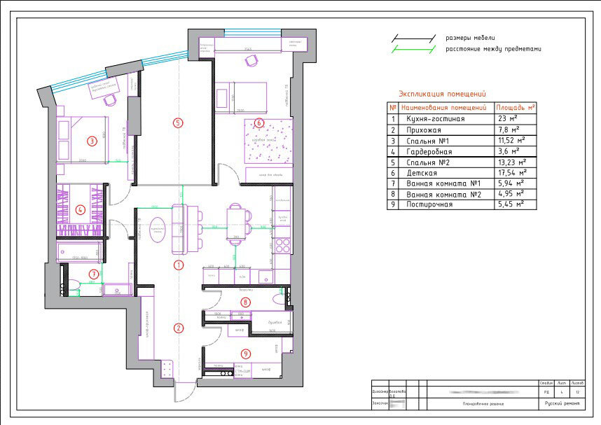 Чтобы уместить 4 жилые комнаты, 2 санузла, постирочную и гардеробную, мы разбили пространство на 9 помещений: самое маленькое — гардеробная (3,6 м²), самое просторное — кухня-гостиная (23 м²).