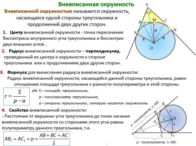 Окружность касается стороны треугольника. Вневписанная окружность треугольника. Центр вневписанной окружности. Свойства вневписанной окружности треугольника. Радиус вневписанной окружности.