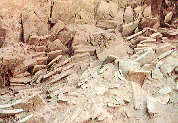  Дворцовый архив города Эблы (Сирия), XXIV век до нашей эры. Так выглядят таблички, открытые археологами, — очевидно, они упали со стеллажа (фото из статьи Н. Рудик [4])