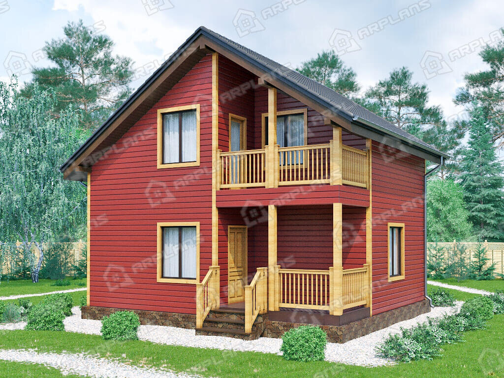 Фото 1 двухэтажного каркасного дома с мансардой, 3 спальнями, балконом и террасой. 80 кв м. Источник arplans.ru Проект И-082