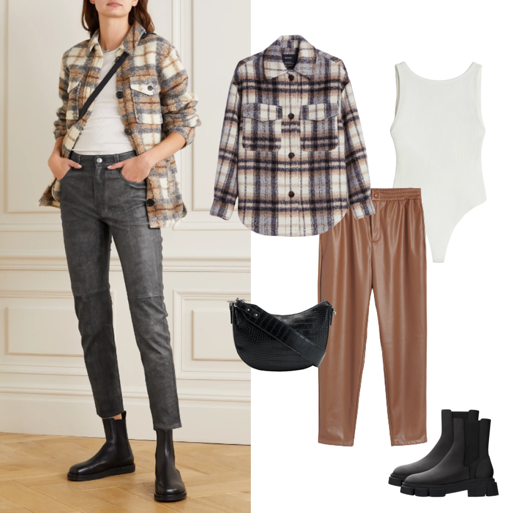 Куртка-рубашка, боди - Bershka, брюки, сумка - Reserved, обувь - Zara